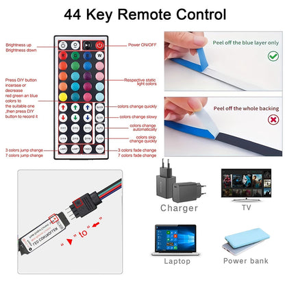 RGB USB Light Strip with 44-Key Remote for Room, TV & Party – 1–20 m