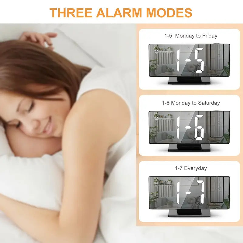 180° Adjustable LED Projection Clock – Snooze, 12/24H Time & Temp Display, Mirror Design – USB Powered, Night Mode & Memory Function