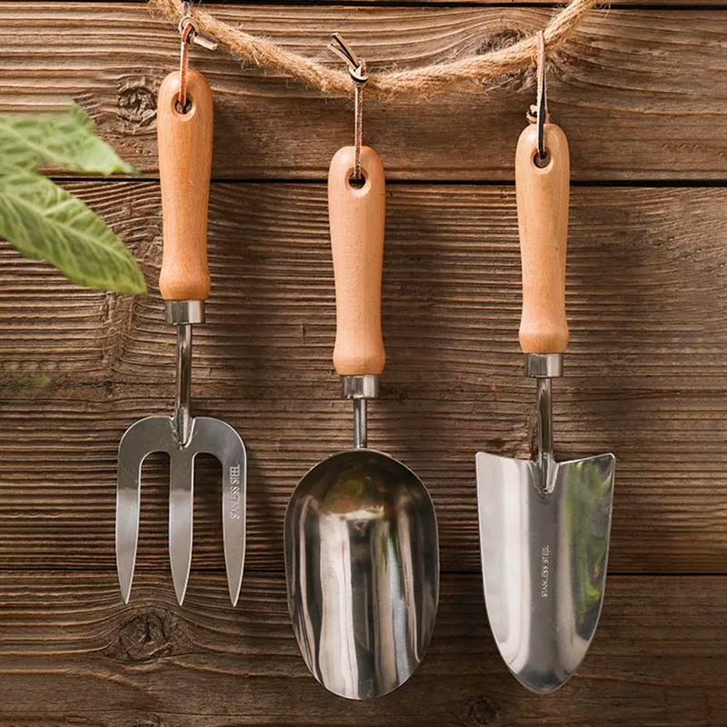 5-Piece Garden Tool Set | Stainless Steel Gloves with Wooden Handle | Shovel, Rake, Plant Fork