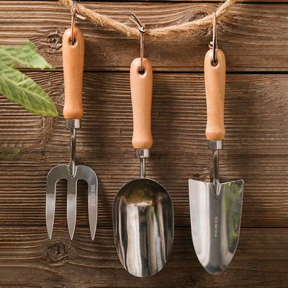 5-Piece Garden Tool Set | Stainless Steel Gloves with Wooden Handle | Shovel, Rake, Plant Fork