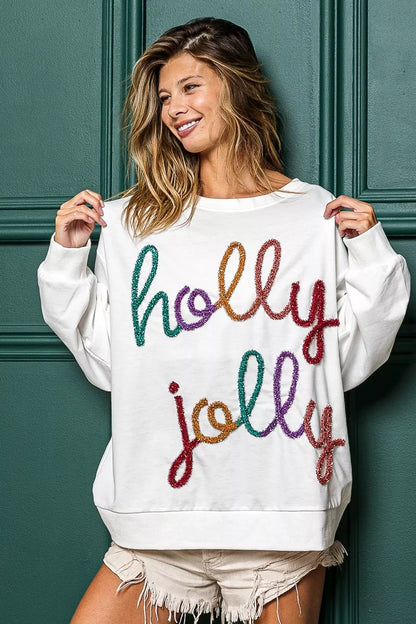 White Christmas Sweatshirt with Sequined "Holly Jolly" Design