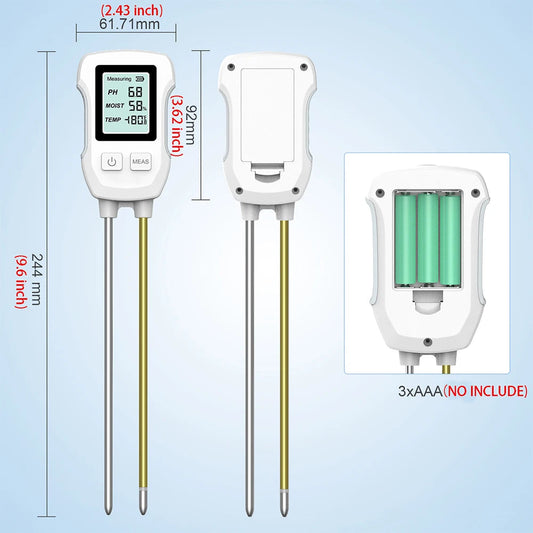 3-in-1 Soil Tester with Digital Display | pH, Moisture & Temperature Sensor | 25.3 cm Probe