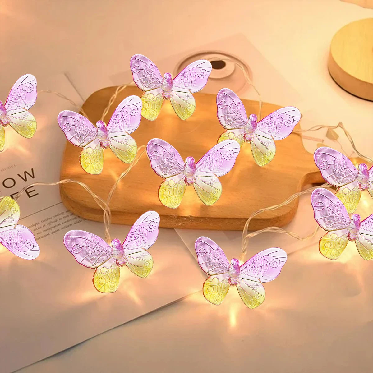 Butterfly String Lights | 10 or 20 LEDs | Pink and Yellow | Romantic Home & Garden Decor