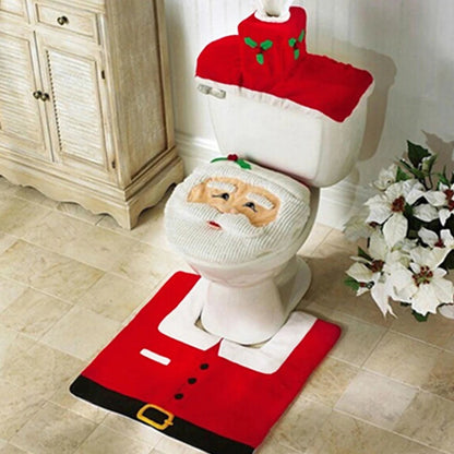 Christmas Toilet Set - 3-Piece Design with Santa - Fun Bathroom Decor with Mat & Tank Cover - Holiday Decoration 2024