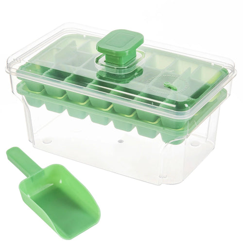 Ice Cube Tray with Lid and Container | 68 Ice Cubes | Pressure System | BPA-Free PP