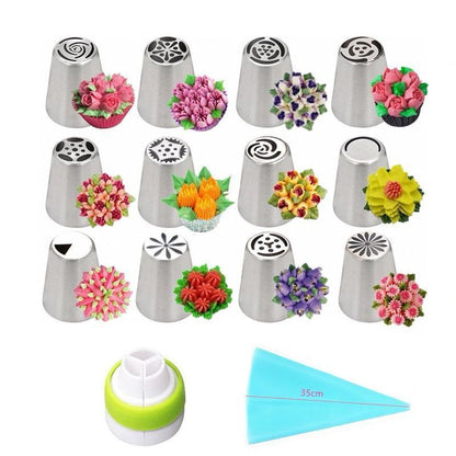 14-Piece Piping Nozzle Set for Cake Decorating | Stainless Steel & Silicone