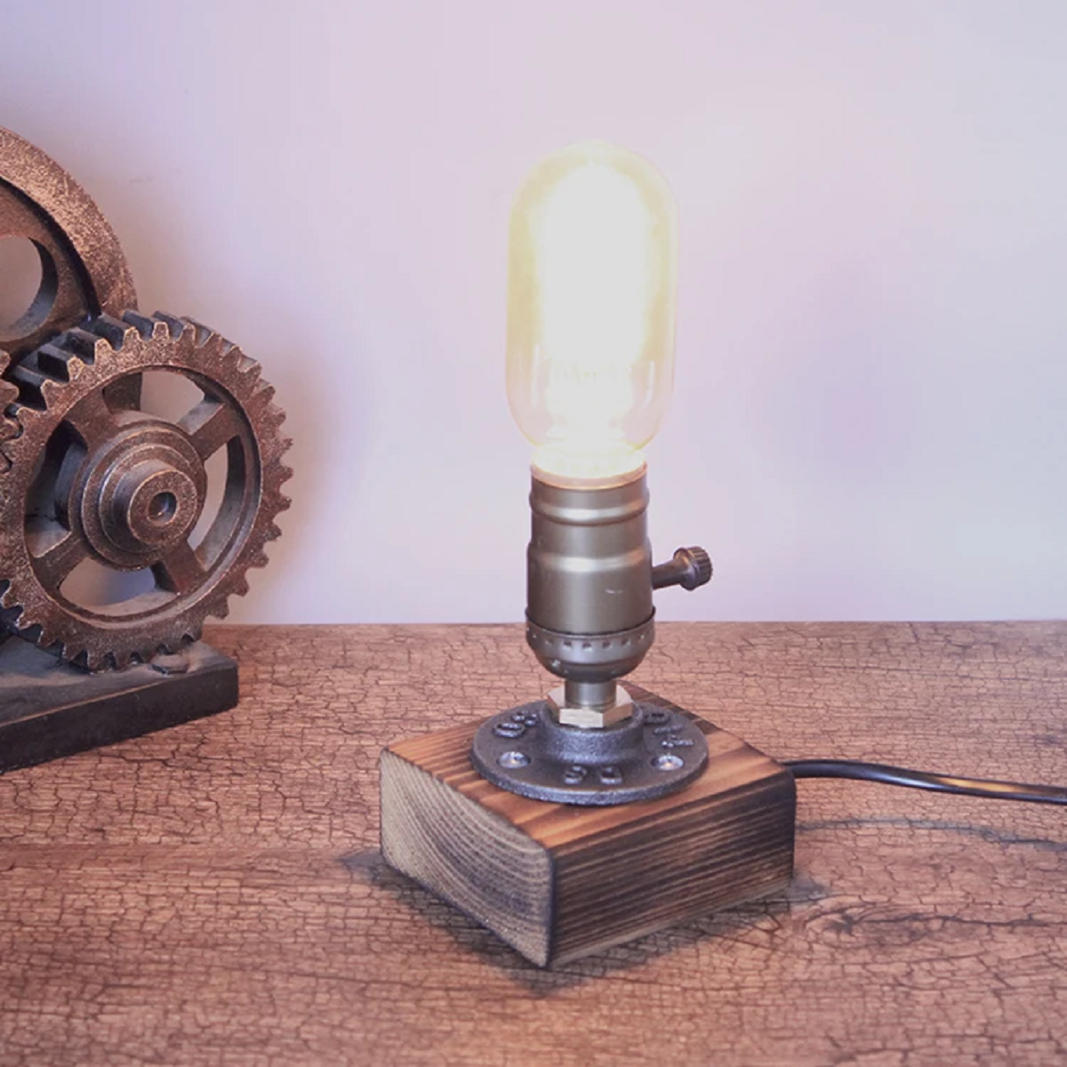Wooden Desk Lamp with Vintage Steam Punk Piping Design