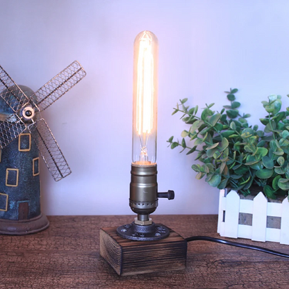 Wooden Desk Lamp with Vintage Steam Punk Piping Design