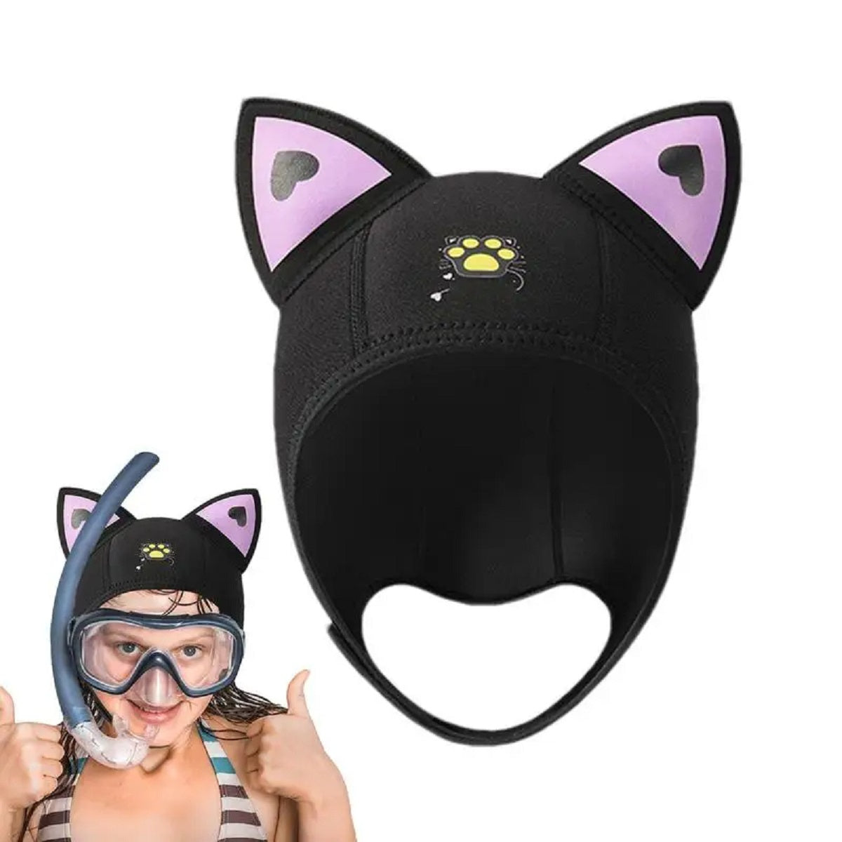 Warm Snorkeling Hat with Cute Cat Ear Design - Elastic Neoprene Hood