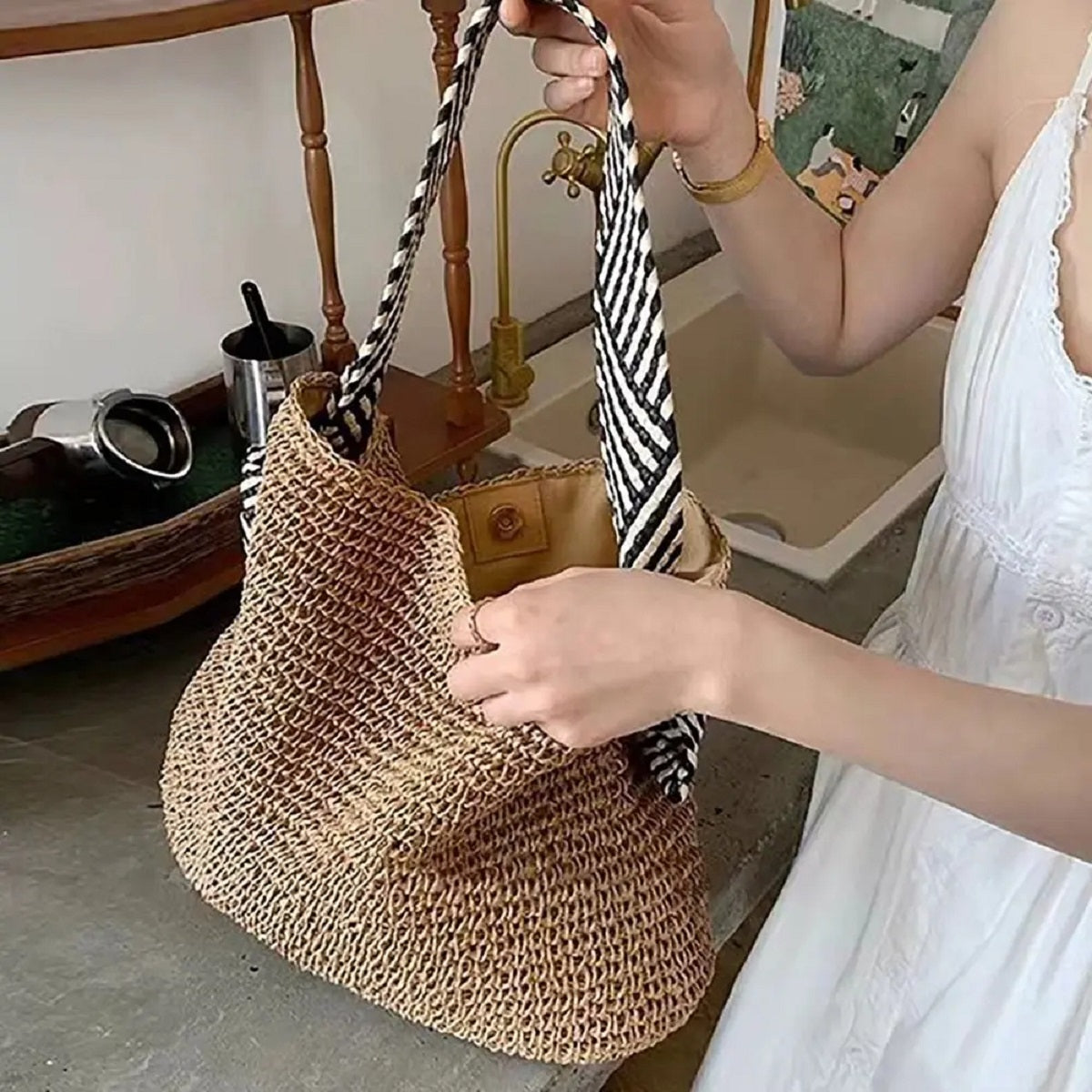 Large Woven Straw Tote Bag with Knot Shoulder Design