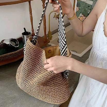 Large Woven Straw Tote Bag with Knot Shoulder Design
