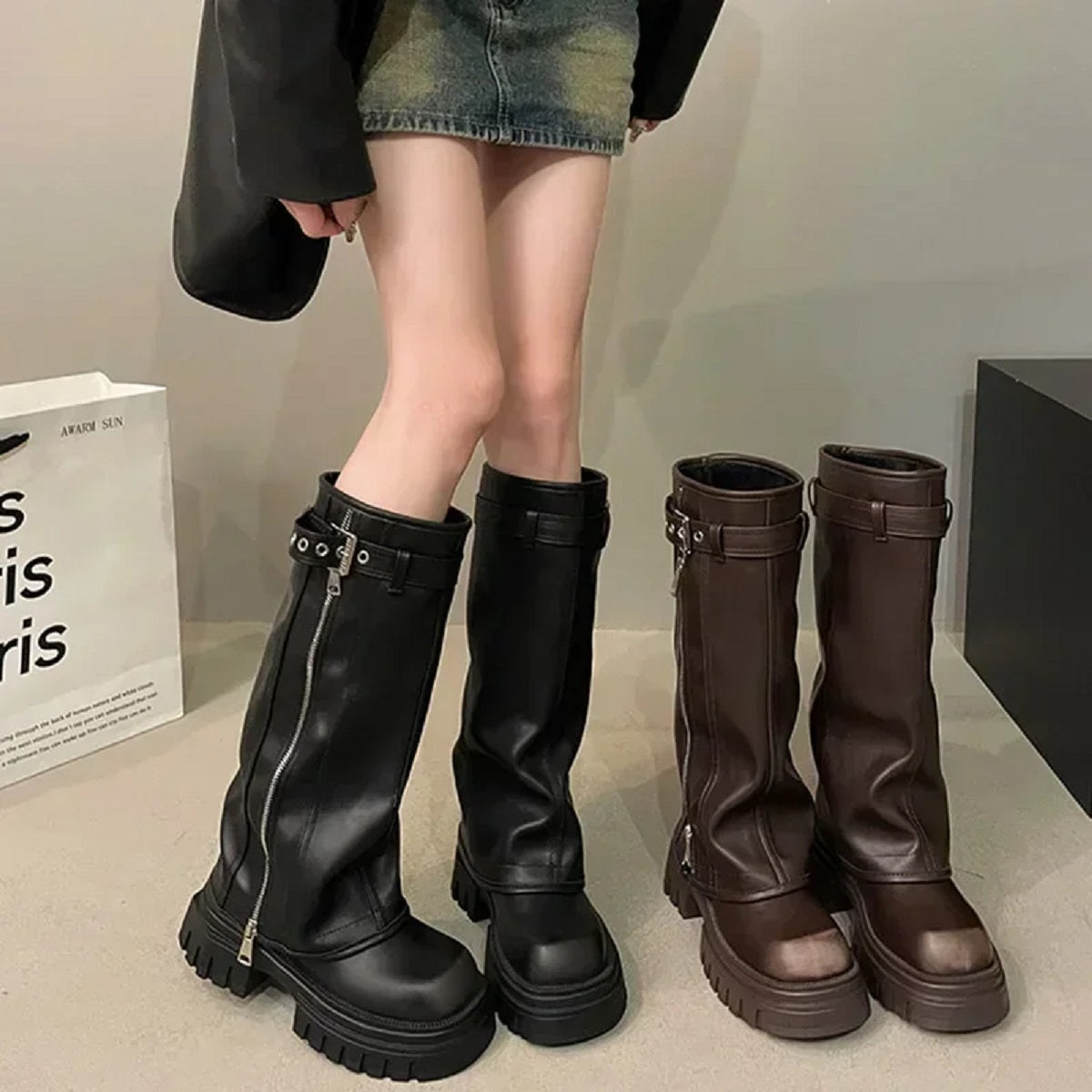 Winter Biker Booties for Women - Knee High Square Toe Footwear