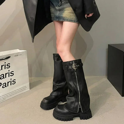 Winter Biker Booties for Women - Knee High Square Toe Footwear