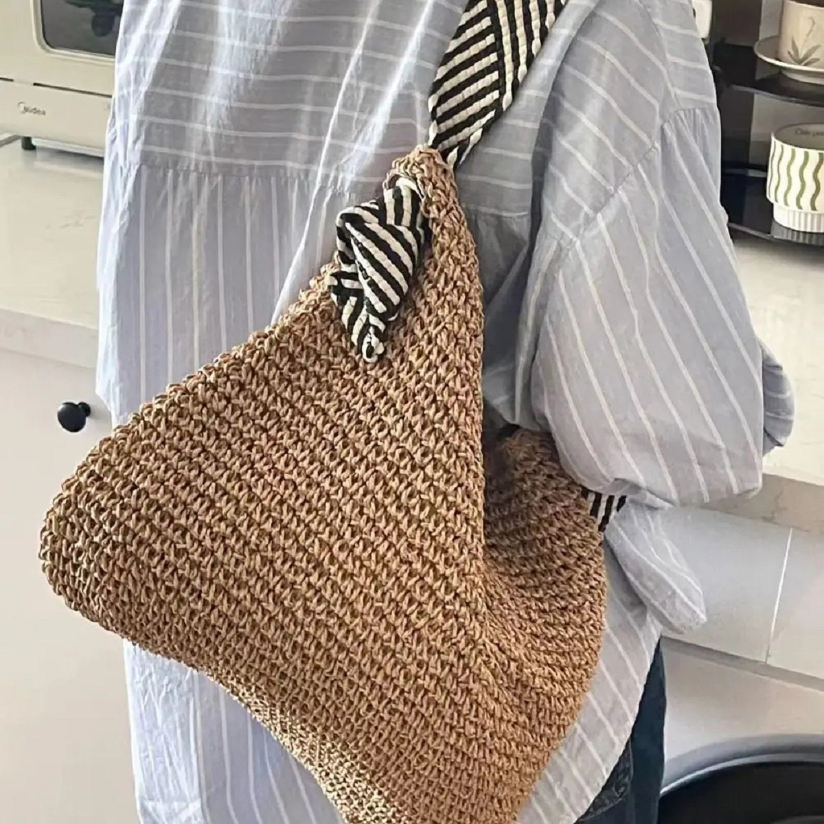 Large Woven Straw Tote Bag with Knot Shoulder Design