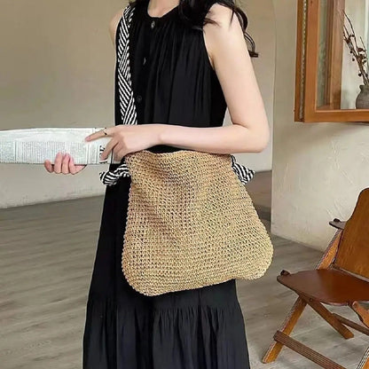 Large Woven Straw Tote Bag with Knot Shoulder Design
