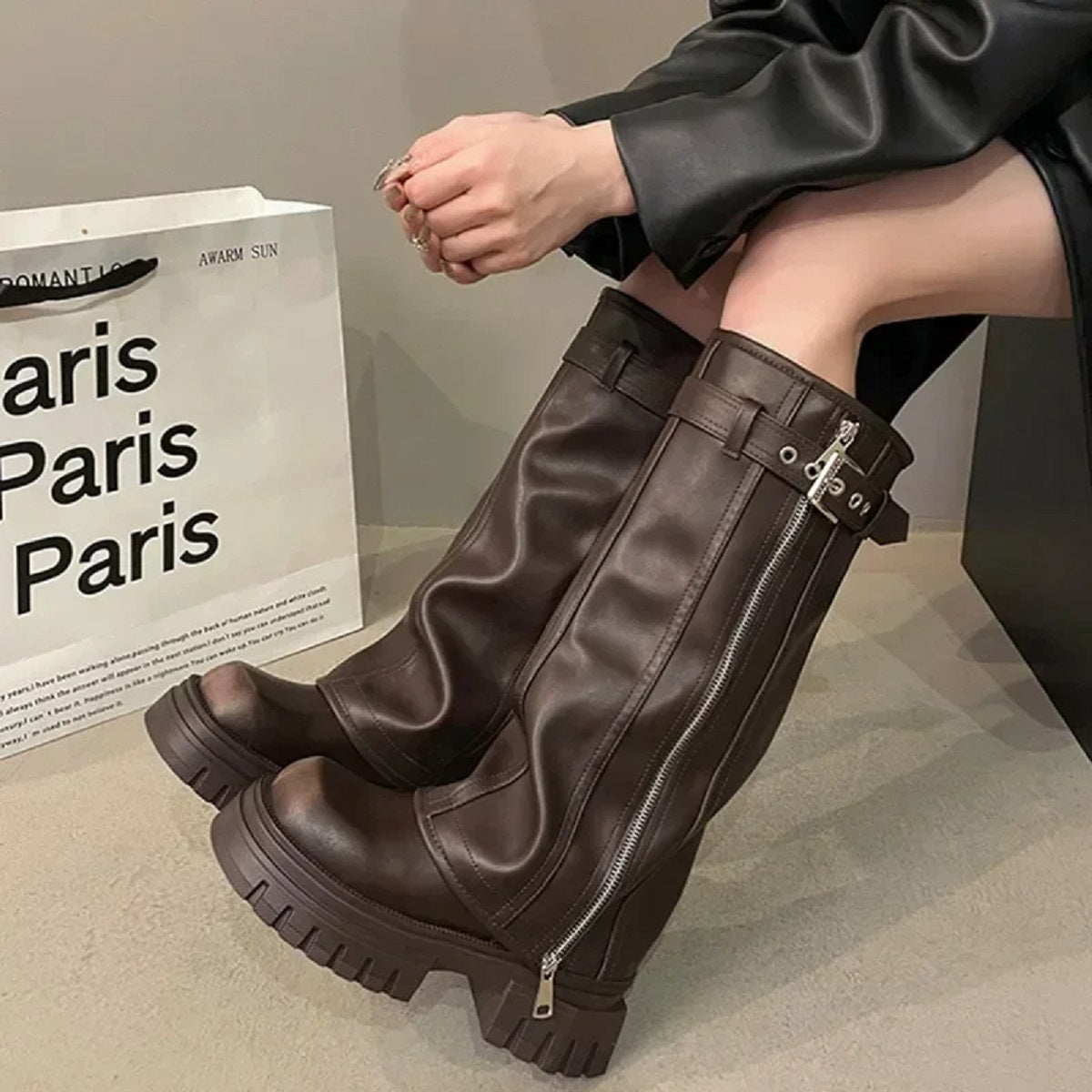 Winter Biker Booties for Women - Knee High Square Toe Footwear