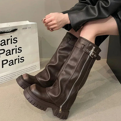 Winter Biker Booties for Women - Knee High Square Toe Footwear
