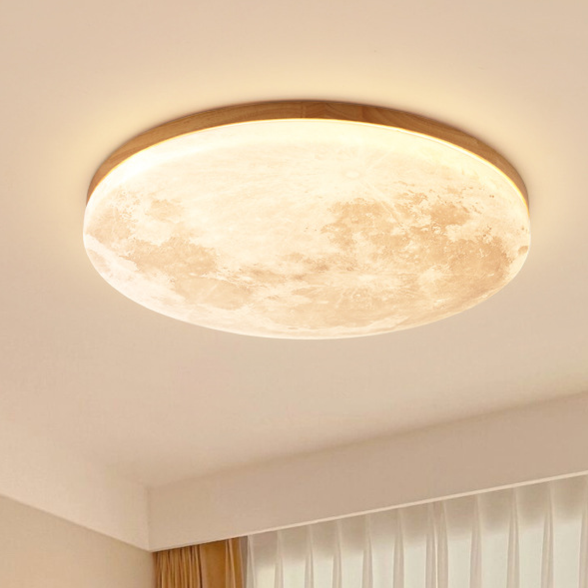 Elegant Round Ceiling Light with Celestial Texture and Wood Frame