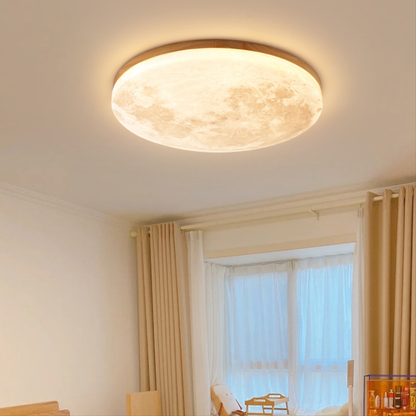 Elegant Round Ceiling Light with Celestial Texture and Wood Frame
