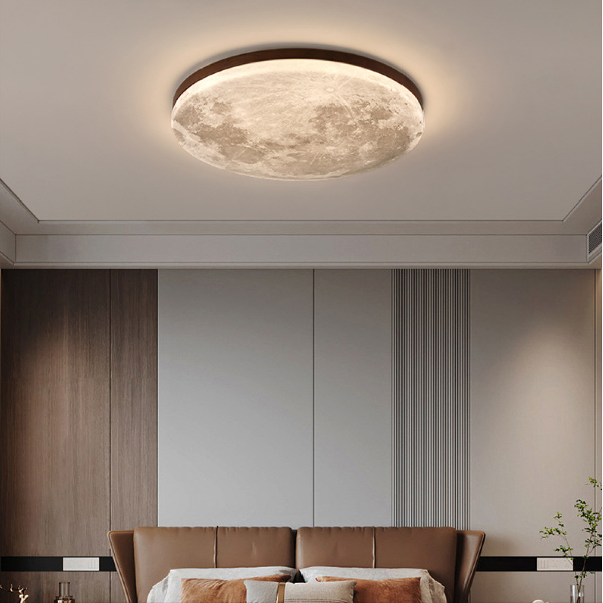 Elegant Round Ceiling Light with Celestial Texture and Wood Frame