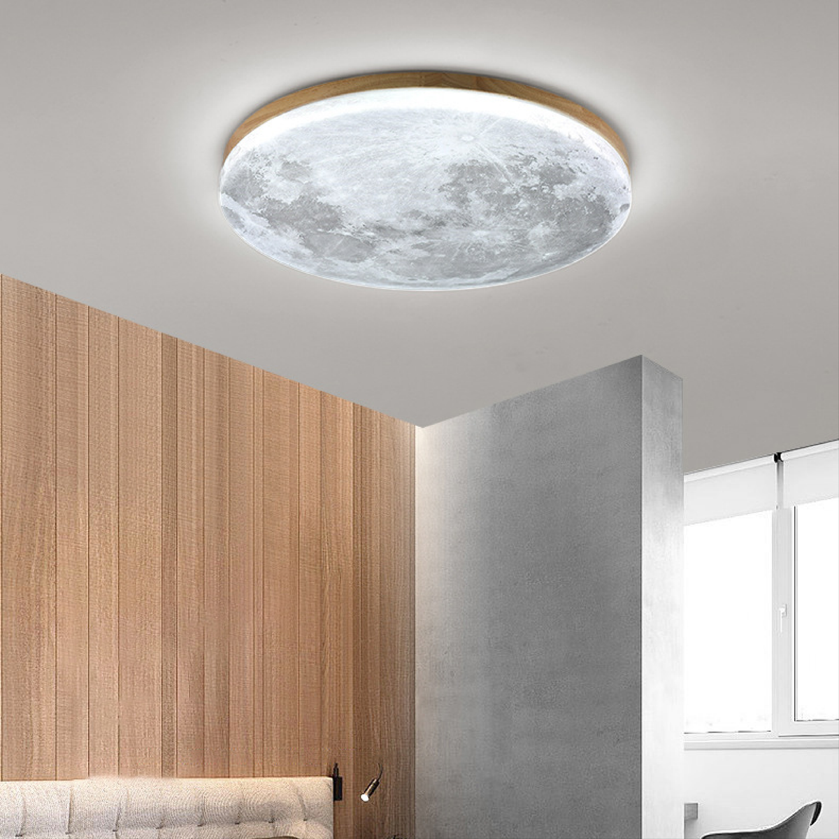 Elegant Round Ceiling Light with Celestial Texture and Wood Frame
