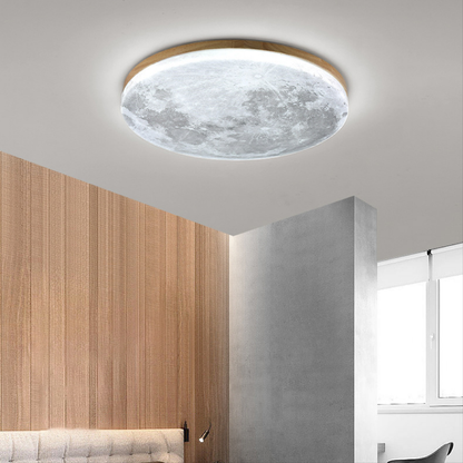 Elegant Round Ceiling Light with Celestial Texture and Wood Frame