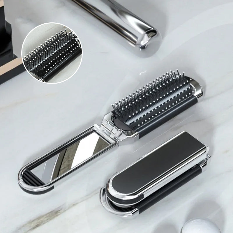 Foldable Compact Travel Mirror and Hair Brush for On-the-Go Styling