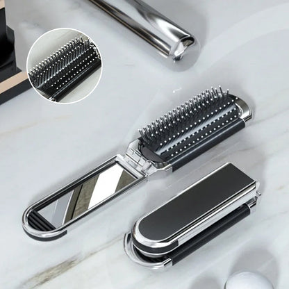 Foldable Compact Travel Mirror and Hair Brush for On-the-Go Styling