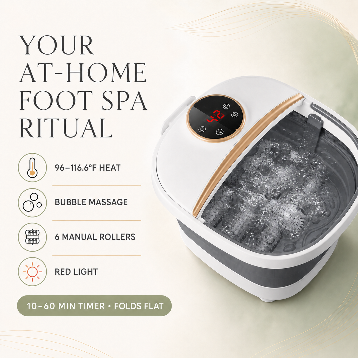 Portable Foot Bath Massager with Heat, Bubbles, 6 Rollers, Timer