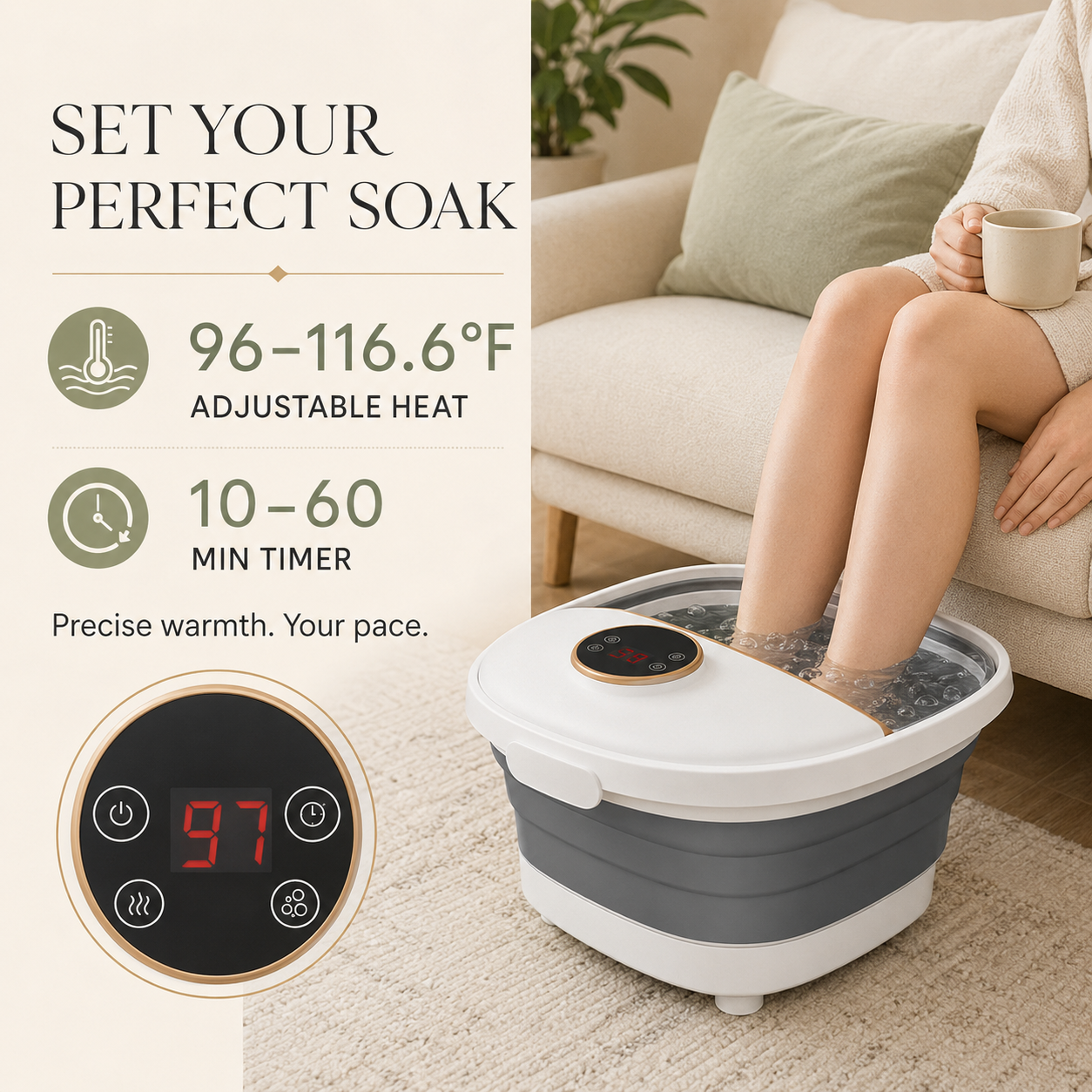 Portable Foot Bath Massager with Heat, Bubbles, 6 Rollers, Timer
