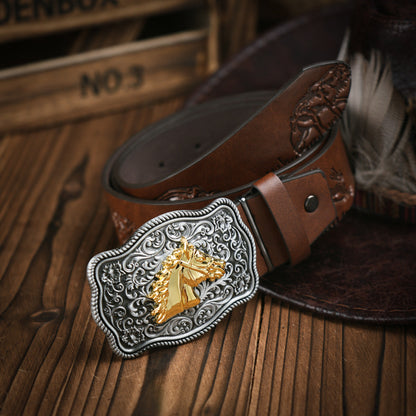 Men's Western Style Belt – Durable Vegan Leather with Metal Buckle