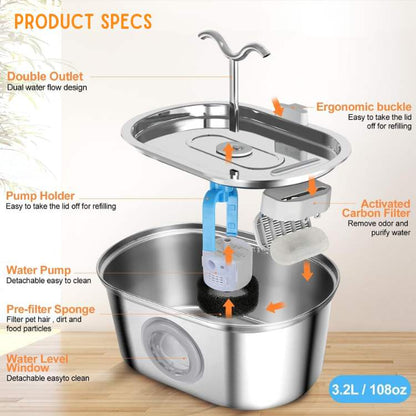 Stainless Steel Cat Water Dispenser – 2L, Quiet, Hygienic, BPA-free