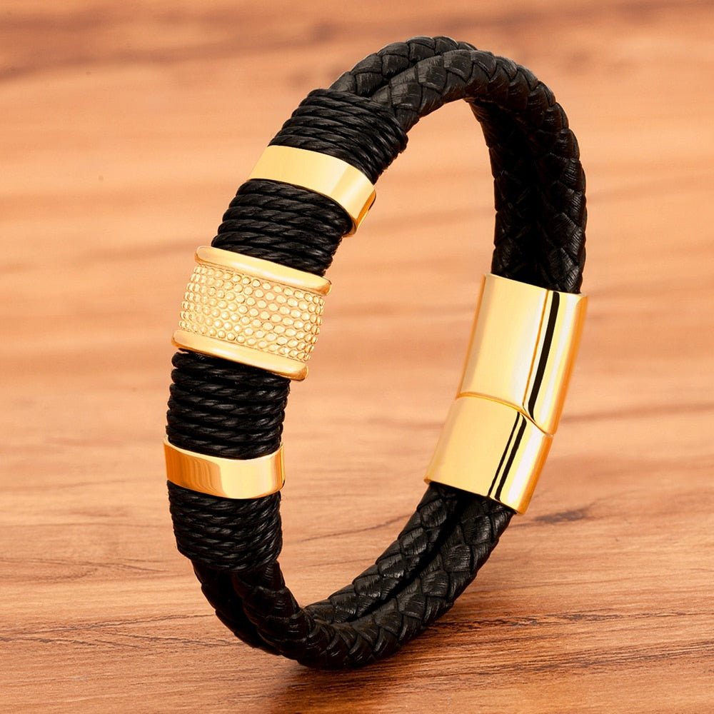 Double Layer Leather Bracelet for Men with Magnetic Clasp and Metal Beads