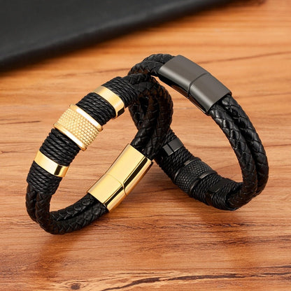 Double Layer Leather Bracelet for Men with Magnetic Clasp and Metal Beads