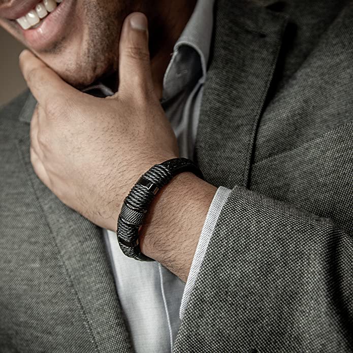Double Layer Leather Bracelet for Men with Magnetic Clasp and Metal Beads