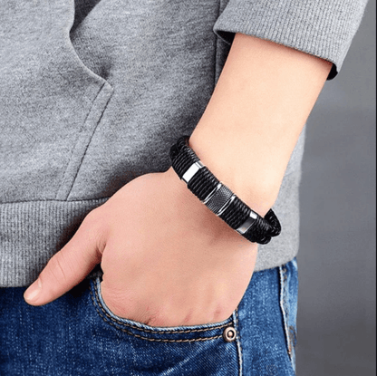 Double Layer Leather Bracelet for Men with Magnetic Clasp and Metal Beads
