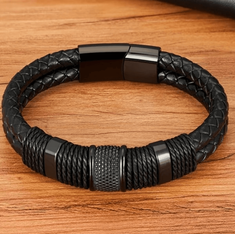 Double Layer Leather Bracelet for Men with Magnetic Clasp and Metal Beads