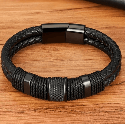 Double Layer Leather Bracelet for Men with Magnetic Clasp and Metal Beads