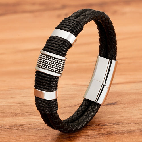Double Layer Leather Bracelet for Men with Magnetic Clasp and Metal Beads