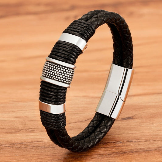 Double Layer Leather Bracelet for Men with Magnetic Clasp and Metal Beads