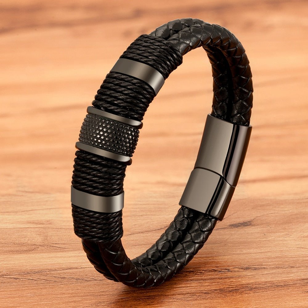 Double Layer Leather Bracelet for Men with Magnetic Clasp and Metal Beads