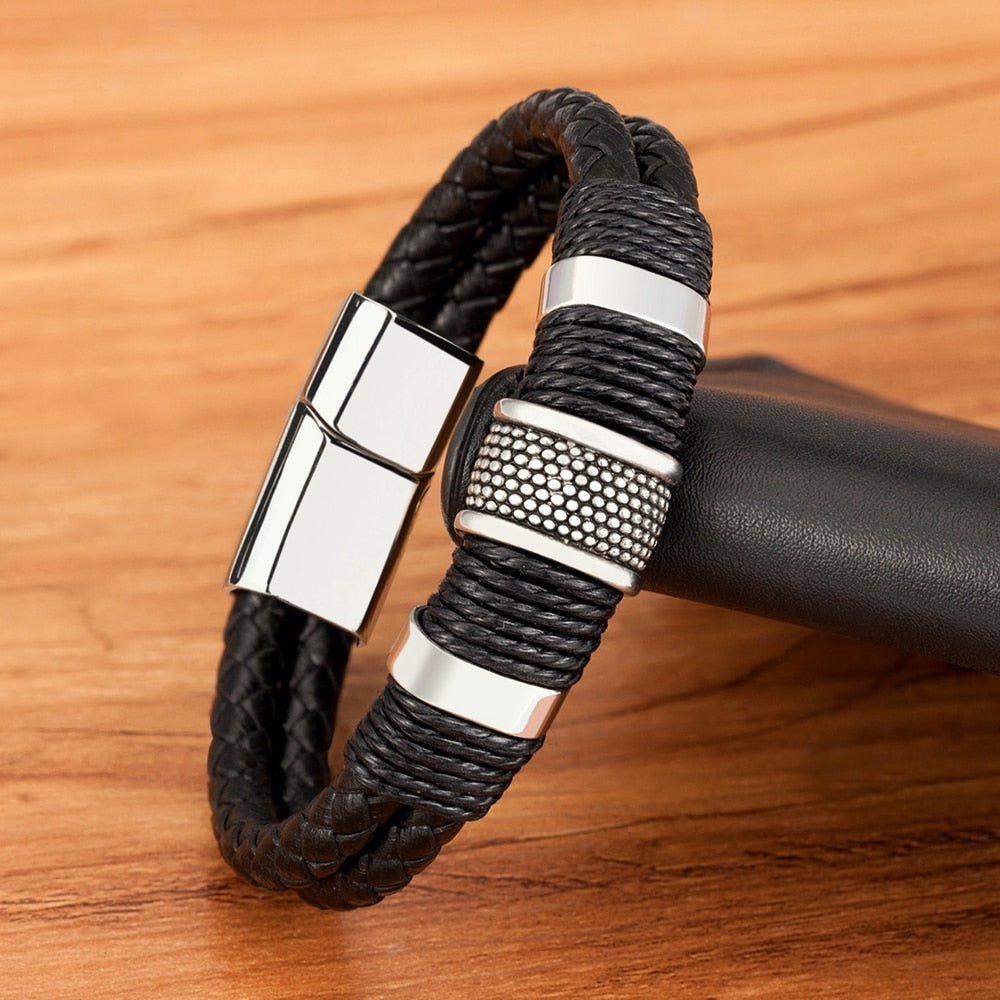 Double Layer Leather Bracelet for Men with Magnetic Clasp and Metal Beads