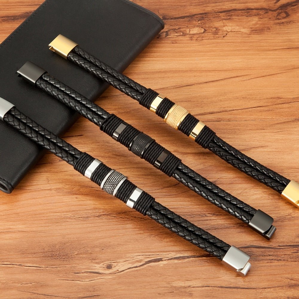 Double Layer Leather Bracelet for Men with Magnetic Clasp and Metal Beads