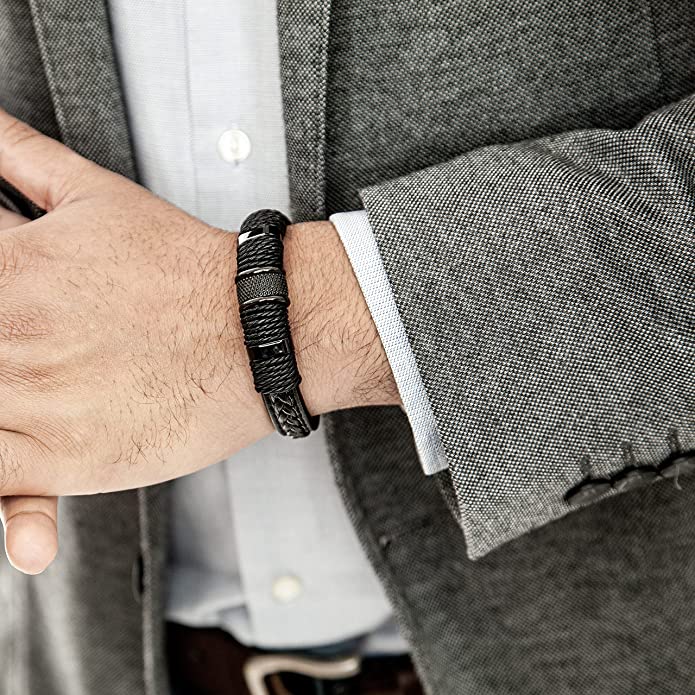 Double Layer Leather Bracelet for Men with Magnetic Clasp and Metal Beads