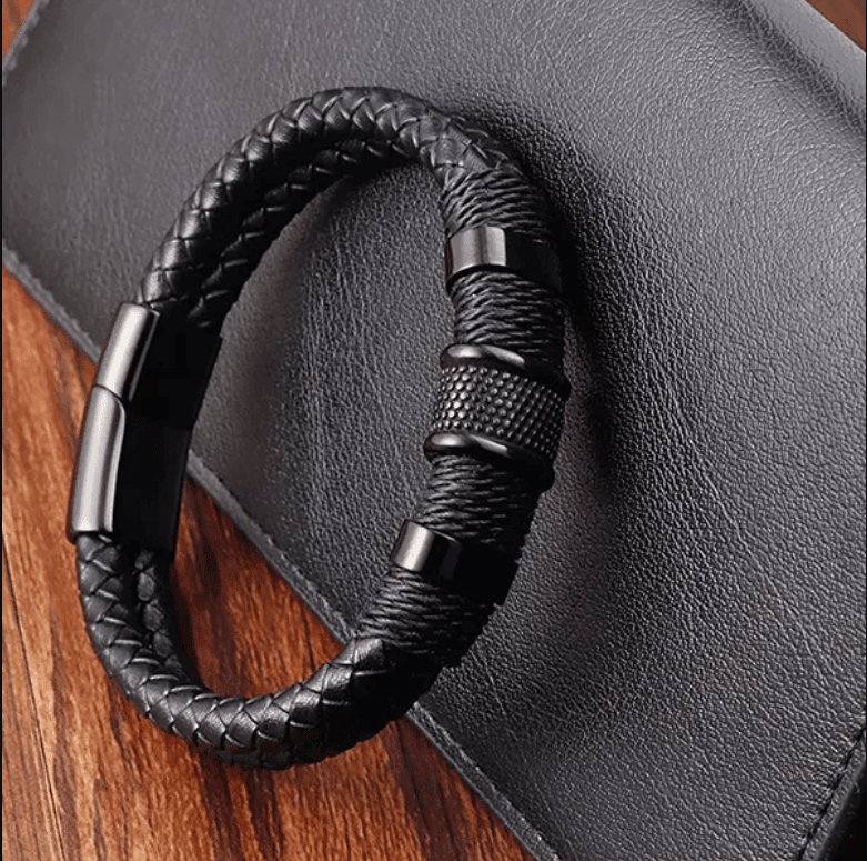 Double Layer Leather Bracelet for Men with Magnetic Clasp and Metal Beads