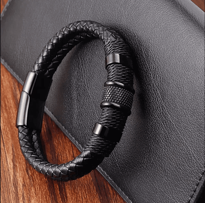 Double Layer Leather Bracelet for Men with Magnetic Clasp and Metal Beads