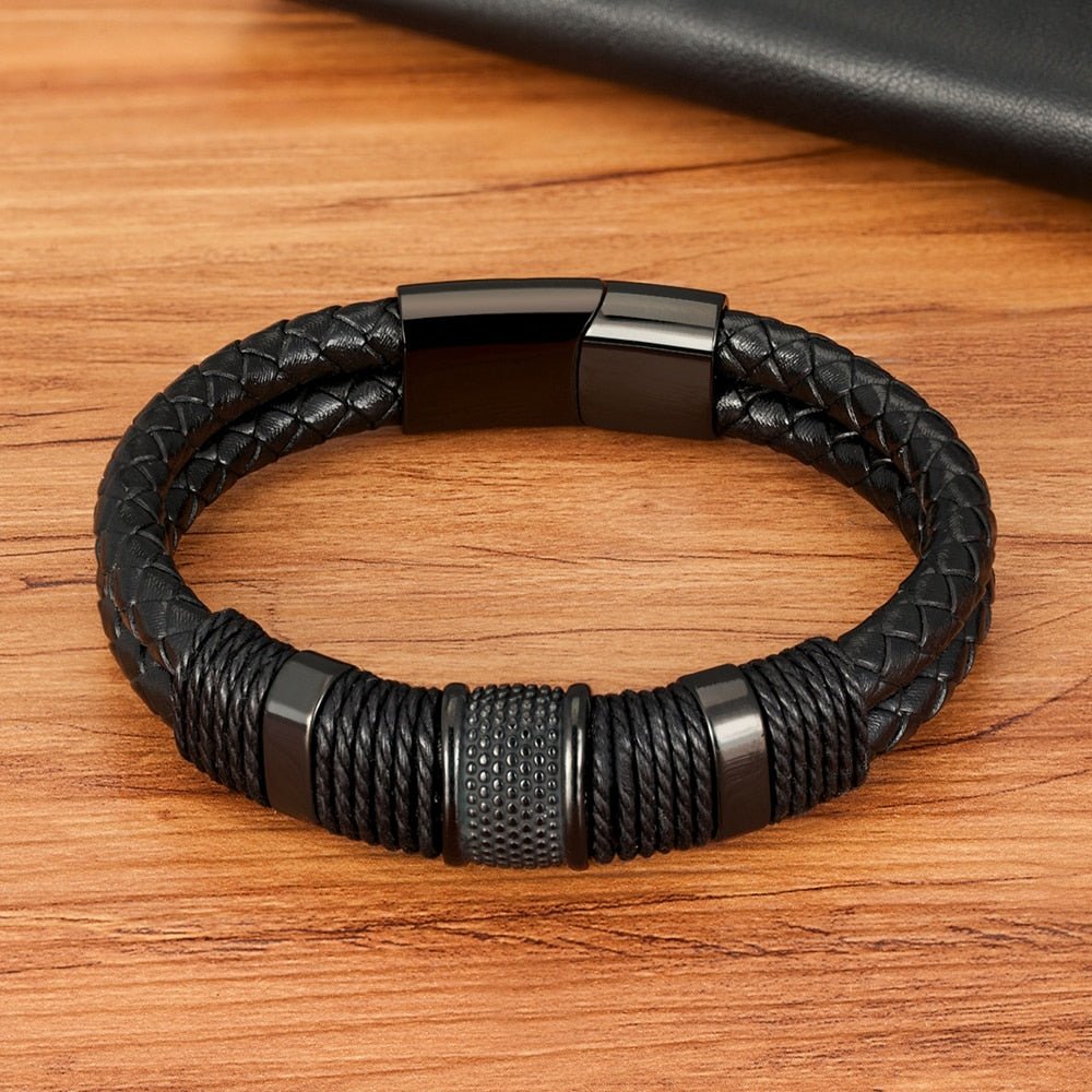 Double Layer Leather Bracelet for Men with Magnetic Clasp and Metal Beads