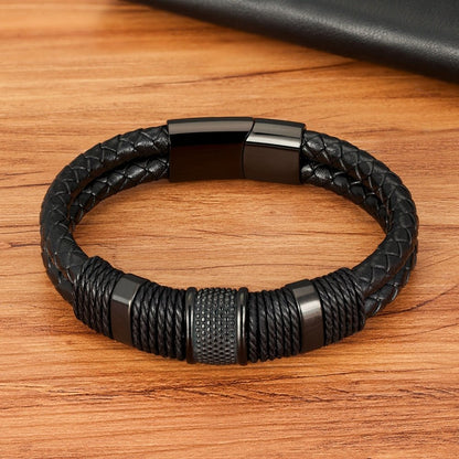 Double Layer Leather Bracelet for Men with Magnetic Clasp and Metal Beads