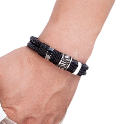 Double Layer Leather Bracelet for Men with Magnetic Clasp and Metal Beads