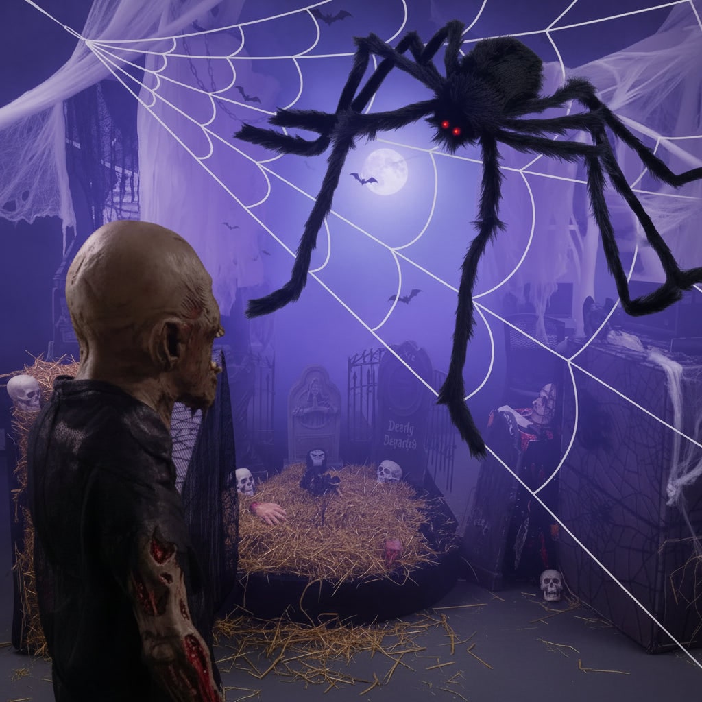 Life-Size Creepy Crawly Spider Decoration with Glowing Eyes and Stretchy Web